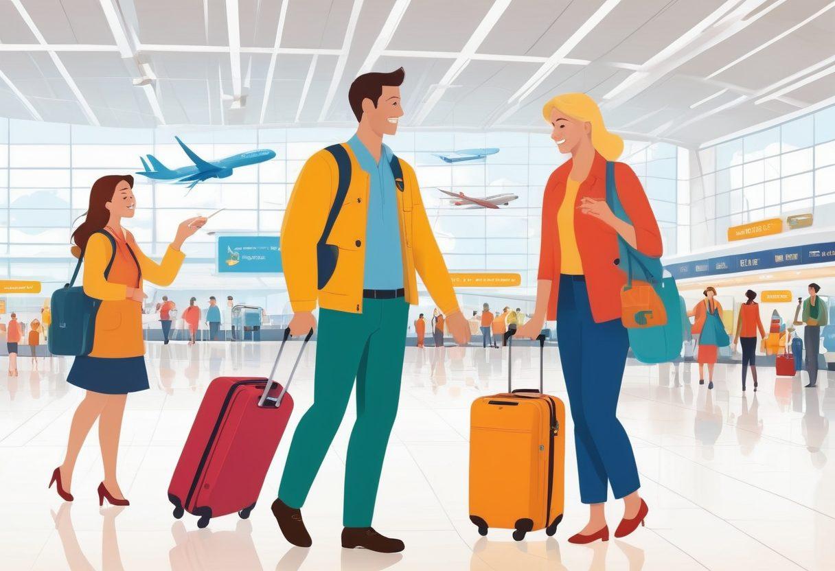 A cheerful family with luggage, navigating through a bustling airport, alongside a helpful travel agent pointing to a map. Brightly colored signs and travel tips in thought bubbles, with icons of airplanes, parking spaces, and holiday symbols around them. Create a sense of excitement and organization in the scene, highlighting ease of travel. vibrantly colored illustration. modern flat style.