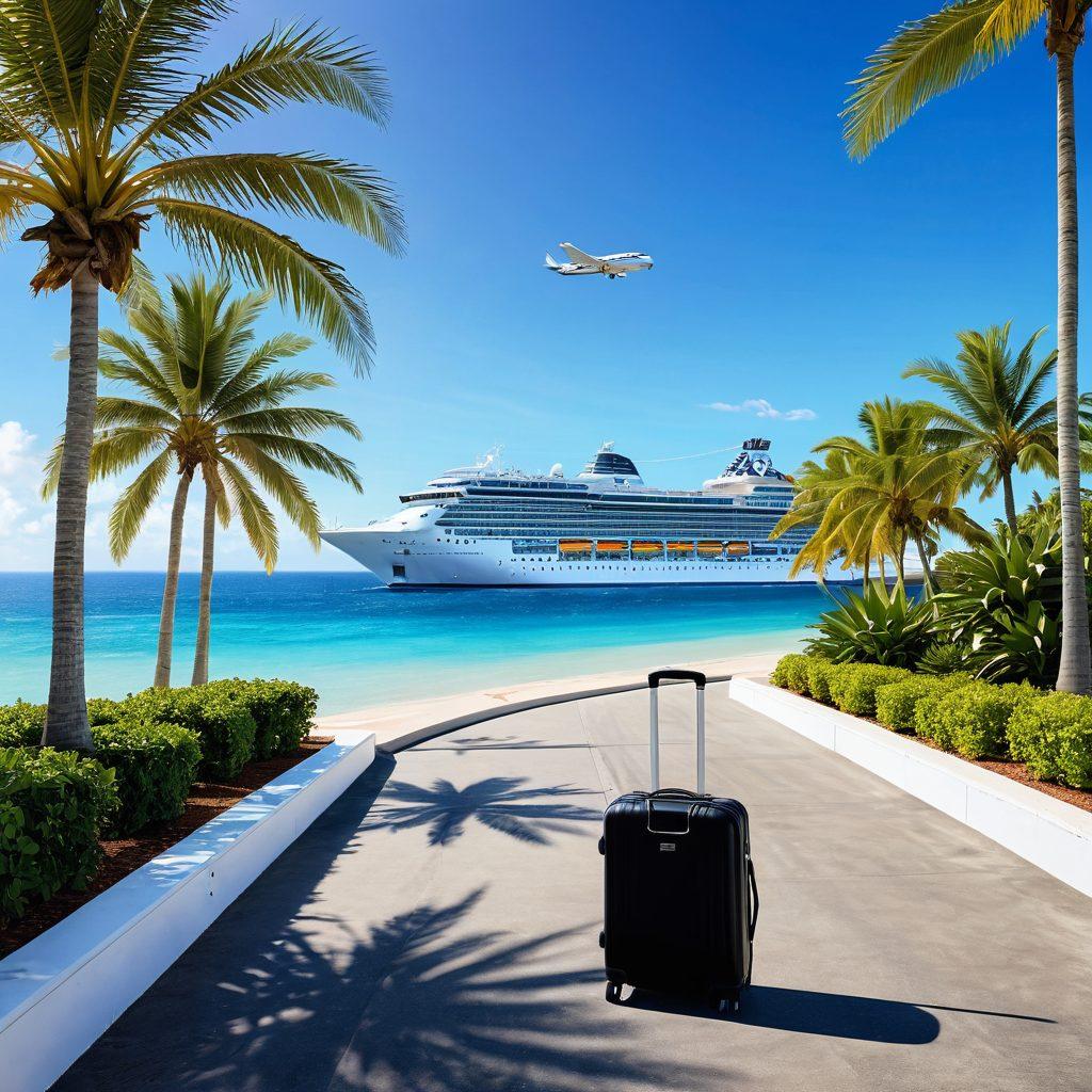 A serene airport scene with a luxury cruise ship in the distance, showcasing smooth paths for both vehicles and pedestrians. Include happy travelers effortlessly wheeling their luggage towards the cruise terminal, surrounded by palm trees and vibrant blue skies. Highlight a calm sea glistening under the sun, capturing the essence of stress-free travel. super-realistic. vibrant colors. white background.