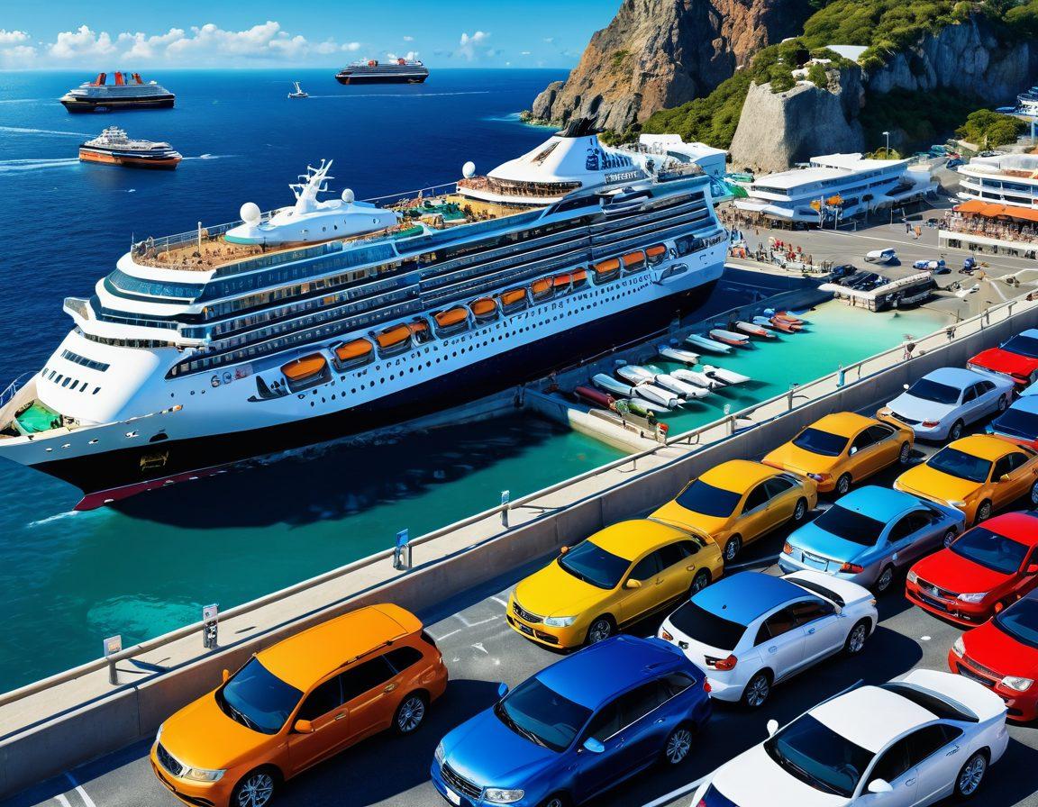 A seamless transition image illustrating a bustling car park transforming into a luxurious cruise ship docked at a vibrant harbor. Include elements like colorful cars smoothly transitioning into life-sized cruise ship features, with joyful travelers boarding. The background should blend cityscape with sparkling ocean waters under a bright blue sky. Add subtle hints of travel icons like maps and luggage in the foreground. super-realistic. vibrant colors. 3D.